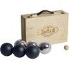 coffret bois avec  6 boules de pétanque argentées et noires